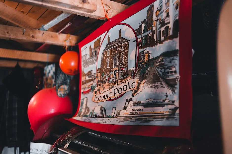 Tapisserie 'Historic Poole' tussen boeien en nautische attributen