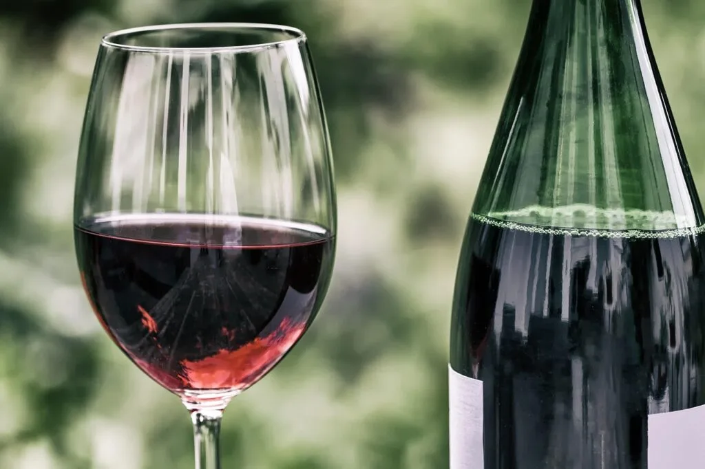 Verre de vin rouge et bouteille, arrière-plan de vigne des Cinque Terre