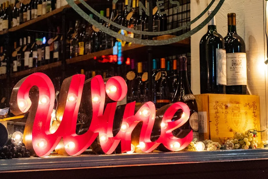 Enseigne lumineuse 'Wine' devant bouteilles dans une cave à vins de Monterosso
