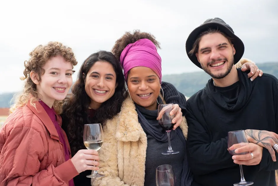 Groupe d'amis souriants tenant des verres de vin lors d'une dégustation à Cinque Terre