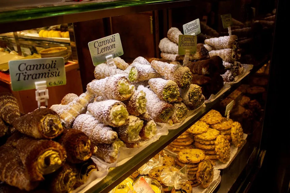 Assortiment de cannoli et biscuits saupoudrés de sucre en vitrine