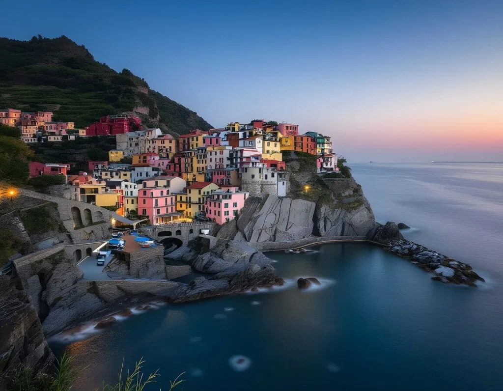 Maisons pastel serrées sur la falaise à Manarola, Cinque Terre